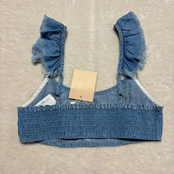 NWT‎ Minkpink Demin MPD Crop Top Flare Shoulders Denim Style Ruffle Light Blue S - Picture 7 of 9